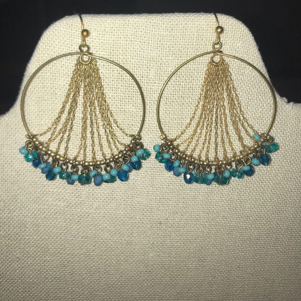 Turquoise Beads Round Gold Metal Dangling Earrings